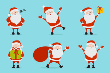 Set of cartoon funny happy Santa Claus character with gift, bag, presents. Vector Christmas illustration.