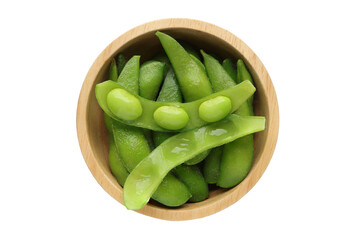 Green soy beans, edamame beans in wood bowl on white background. Clipping path.