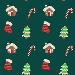 Seamles Christmas background with Christmas tree decoration, soks, christmas trees, lollipop and Gingerbread house