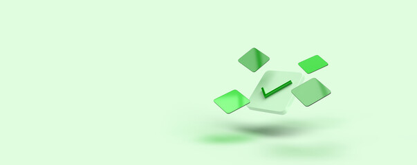 Green check mark icon, okay. 3d rendering of illustrations on the topic of applications, services, verification, payments, computer, smartphone. Green background.