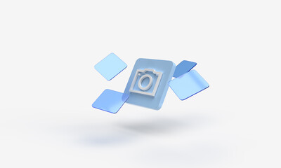 Blue photo icon. 3d rendering of illustrations on the subject of photography, photography, photo editing, applications. Modern minimal style. White background.