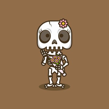 cute cartoon female skull character carrying flowers. vector illustration for mascot logo or sticker