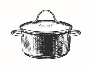 Vector hand drawn icon. Metal pot with lid. Isolated on white background. - obrazy, fototapety, plakaty