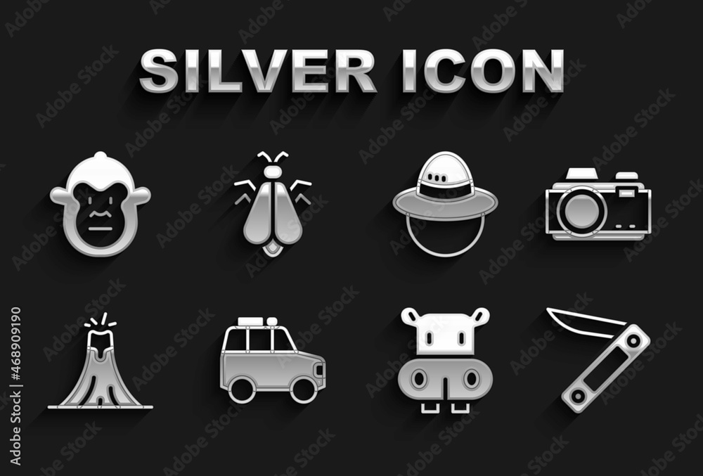 Poster set car, photo camera, swiss army knife, hippo or hippopotamus, volcano eruption, camping hat, monke