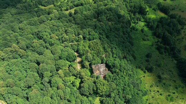 4K Dziemjanki, Gomel Region, Belarus. Aerial View Of Abandoned Dilapidated Manor House Gerard Nicholas Chernobyl Resettlement Zone. Chornobyl Catastrophe Disasters. Landmark And Heritage