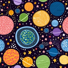 Space seamless pattern with colorful planets and stars on black background. Cosmos. Vector illustration.