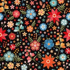 A dense variegated ornament of embroidered leaves and bright flowers of various sizes. Life-affirming seamless print for fabric, wallpaper, surfaces. - 468909548