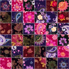 Vibrant life-affirming patchwork pattern with flowers and paisley ornament. Seamless print for fabric. Indian, damask, turkish, russian motifs.