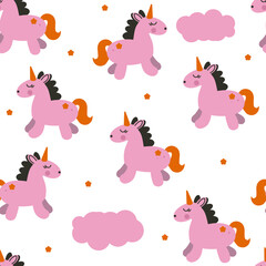 Seamless pattern cute pink unicorn. Vector illustration with a cartoony unicorn. Drawing in flat style for printing on textiles
