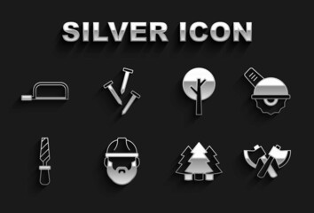 Set Lumberjack, Electric circular saw, Wooden axe, Christmas tree, Rasp metal file, Tree, Hacksaw and Metallic nails icon. Vector