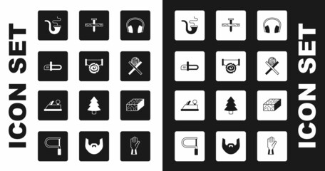 Set Headphones, Two-handed saw and log, Chainsaw, Smoking pipe, Wooden logs stand, Metallic nail, beam and plane tool icon. Vector