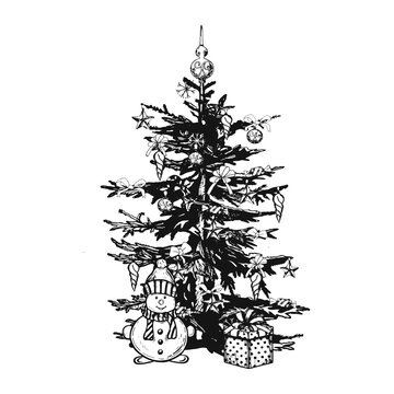 recommend clip art: snowman with hat vector. gift box under the christmas tree. Christmas tree decorated with toys. xmas tree. xmas tree sketch images. christmas tree vector. hand drawing. sketch. vector. eps