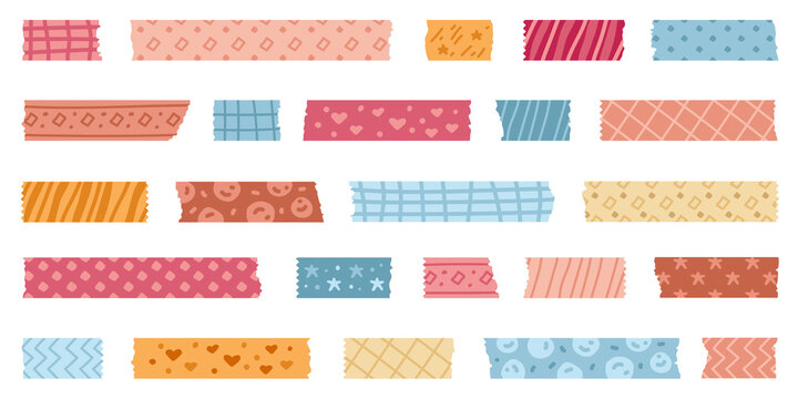 Set of bright patterned washi tape strips and pieces of duct paper. Colored decorative collection of tape mini washi sticker decoration for scrapbooking and holidays design.