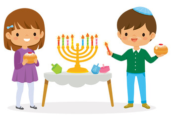 Kids celebrating Hanukkah with a menorah, candles, doughnuts and dreidels