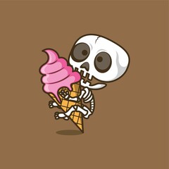 cute cartoon skull character with big ice cream. vector illustration for mascot logo or sticker