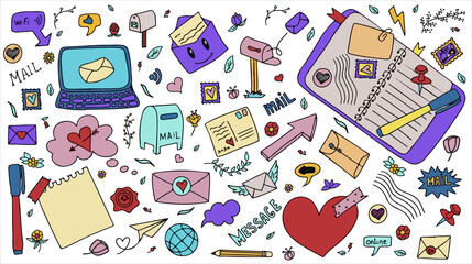 A set of vector mail doodles. Icons with paper envelopes, letters, email. A children s notebook in a cage with drawings of postal items. Hand-drawn elements for email