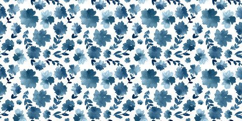 Seamless watercolor floral pattern in indigo blue and white. 