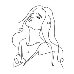Silhouette of a women in a shirt with an open shoulder. Pretty and sexy young girl. Abstract minimalistic sketch in black continuous lines. Great for postcard, textiles, logo ,icon, avatar. - 468911184
