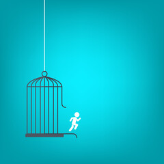 Running man and cage. Freedom concept. Emotion of freedom and happiness. Minimalist style.	