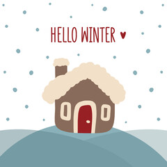 Hello winter illustration with a little house deer at blue snow background. Cute christmas card design