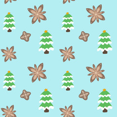 Seamles Christmas background with Christmas trees and Gingerbread snowflakes