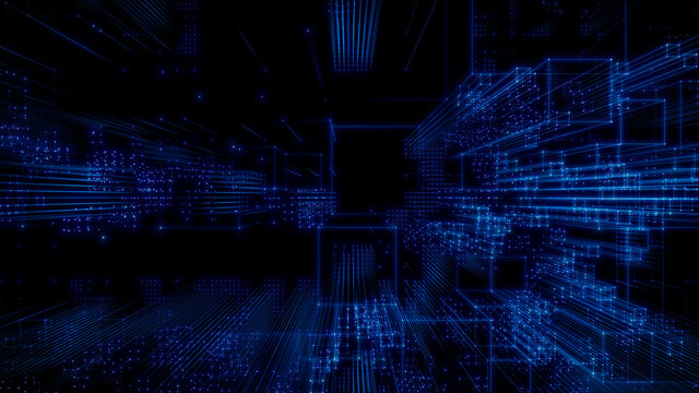 Global Data Web Communication Network in Cyberspace. Blue Tech Background. 3D Render. 