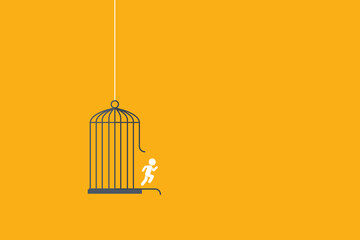 Running man and cage. Freedom concept. Emotion of freedom and happiness. Minimalist style.