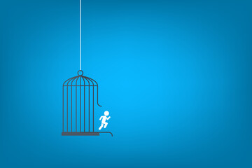 Running man and cage. Freedom concept. Emotion of freedom and happiness. Minimalist style.