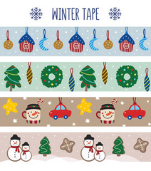A set of cute strips of Christmas washi tape in blue, green, brown and cream.