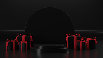 Black friday 3d render abstract image black podium with black and red background product display advertisement mockup