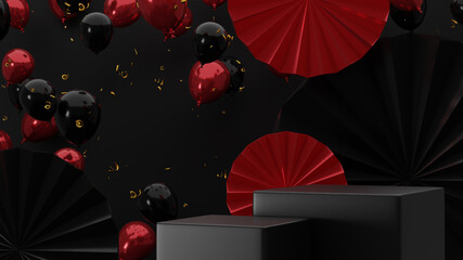 Black friday 3d render abstract image black podium with black and red background product display advertisement mockup