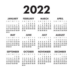 Calendar 2022 vector pocket basic grid. Simple design template. Black and white calender. New year
