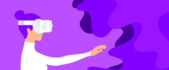 A woman with purple hair in white virtual reality glasses and a white sweater reaches for abstract purple shapes. The concept of virtual 3D reality
