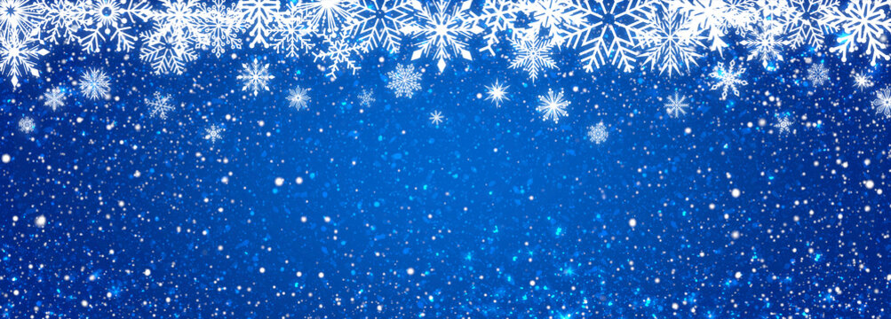 Frame with snowflakes on a snowy blue gradient background. Festive New Year and Christmas banner