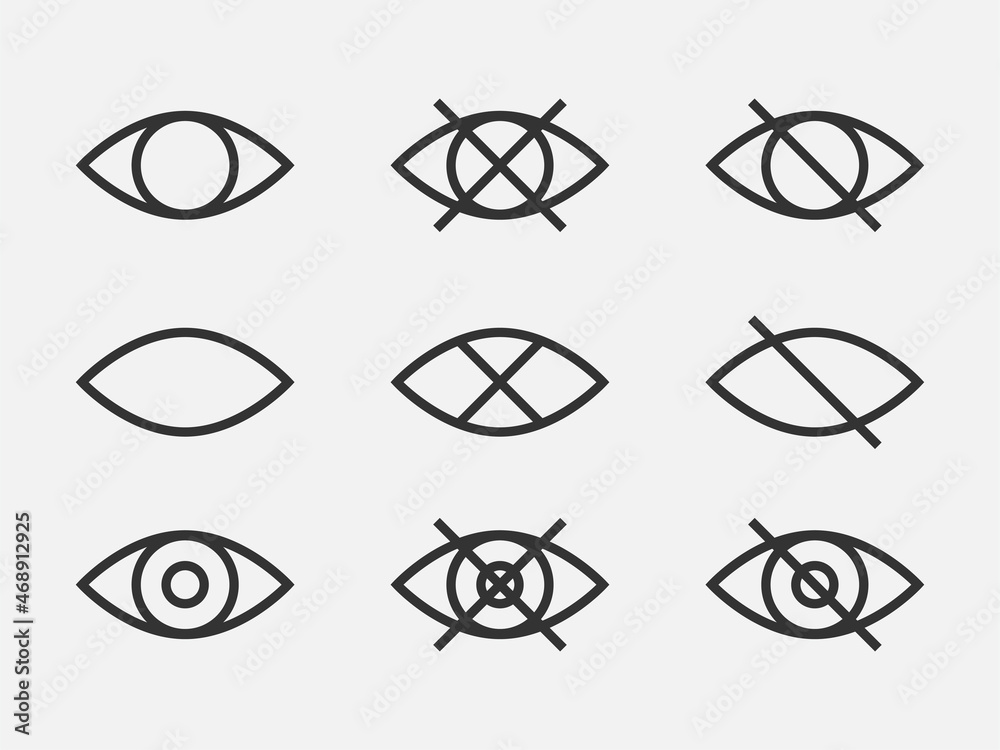 Poster Set show password icon, eye symbol. Vector vision hide from watch icon. Secret view web design element.