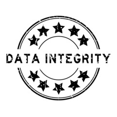 Grunge black data integrity word with star icon round rubber seal stamp on white background
