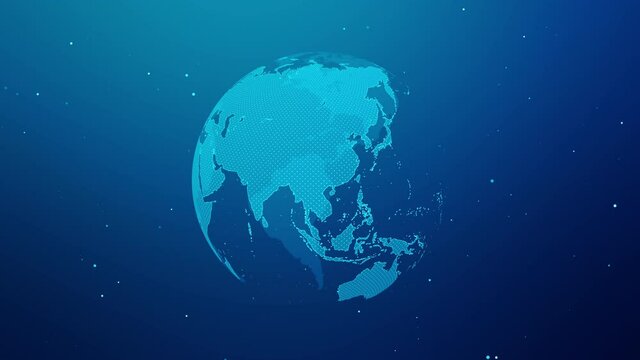 回転するバーチャルな青い地球。ソーシャルネットワークをイメージした動画素材。