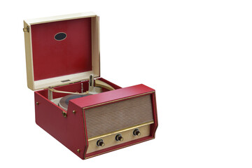 side view  di cut red old turntable on white background,object,decoration,technology,copy space