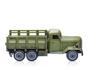 side view di cut green Military truck toy on white background,copy space