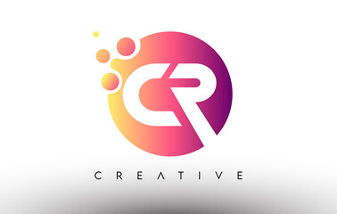 CR Dots Bubbles Letters in a Circle. CR Letter Design Logo with Purple Orange Colors Vector