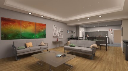 Apartment with a bedroom, living room, kitchen and bathroom 3d illustration