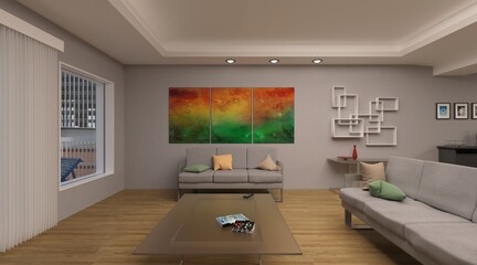 Naklejka na ściany i meble Apartment with a bedroom, living room, kitchen and bathroom 3d illustration