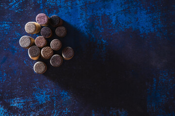 Still life of used wine corks with copy space. Concept for wine cellars, catering