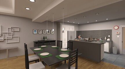 Apartment with a bedroom, living room, kitchen and bathroom 3d illustration