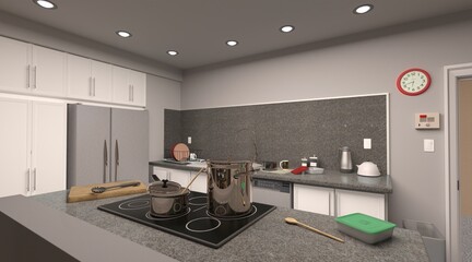 Apartment with a bedroom, living room, kitchen and bathroom 3d illustration
