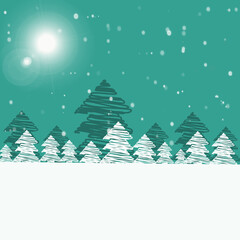 Green Christmas greeting card with christmas trees and snow. Happy holidays, free space for your text
