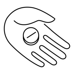 Opened palm with a pill. Medical icon. Continuous line drawing. Vector illustration.
