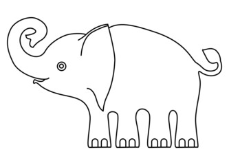 Cheerful baby elephant with a raised trunk. Line drawing. Vector illustration.