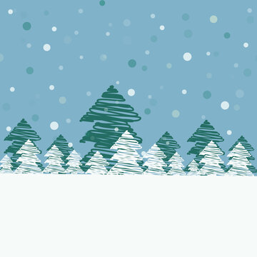 Blue Christmas greeting card with christmas trees and snow. Happy holidays, free space for your text