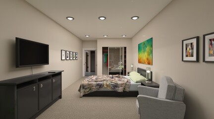 Apartment with a bedroom, living room, kitchen and bathroom 3d illustration